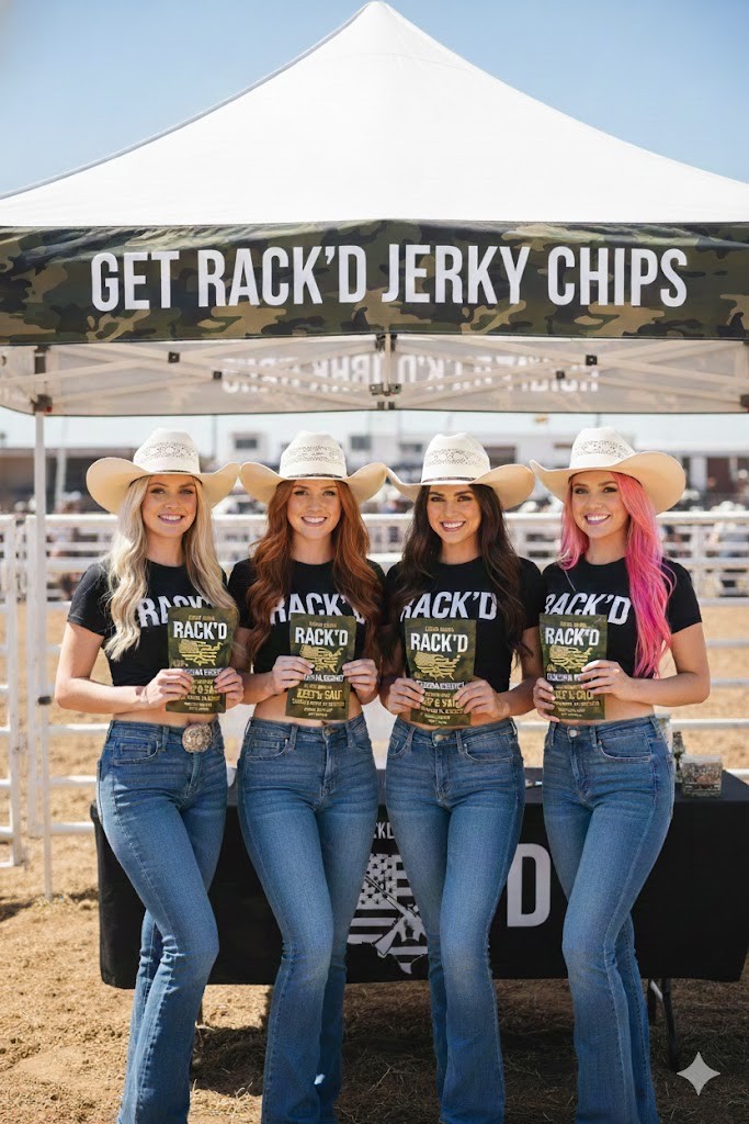 Four people outdoors holding bags of RACK'D jerky
